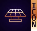 Gold line Solar energy panel icon isolated on black background. Vector