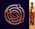 Gold line Solar system icon isolated on black background. The planets revolve around the star. Vector