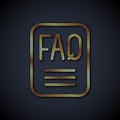 Gold line Speech bubble with text FAQ information icon isolated on black background. Circle button with text FAQ. Vector Royalty Free Stock Photo