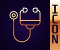 Gold line Stethoscope medical instrument icon isolated on black background. Vector Royalty Free Stock Photo