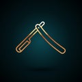 Gold line Straight razor icon isolated on dark blue background. Barbershop symbol. Vector Illustration Royalty Free Stock Photo