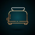 Gold line Toaster with toasts icon isolated on dark blue background. Vector.