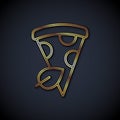 Gold line Vegan pizza slice icon isolated on black background. Vector