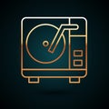 Gold line Vinyl player with a vinyl disk icon isolated on dark blue background. Vector Royalty Free Stock Photo