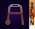 Gold line Walker for disabled person icon isolated on black background. Vector
