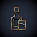 Gold line Whiskey bottle and glass icon isolated on black background. Vector