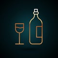 Gold line Wine bottle with wine glass icon isolated on dark blue background. Happy Easter. Vector Illustration