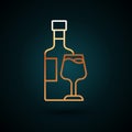 Gold line Wine bottle with glass icon isolated on dark blue background. Vector Royalty Free Stock Photo