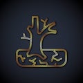 Gold line Withered tree icon isolated on black background. Bare tree. Dead tree silhouette. Vector