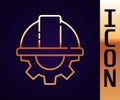 Gold line Worker safety helmet and gear icon isolated on black background. Vector Illustration