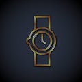 Gold line Wrist watch icon isolated on black background. Wristwatch icon. Vector Royalty Free Stock Photo