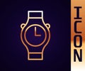 Gold line Wrist watch icon isolated on black background. Wristwatch icon. Vector