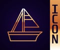 Gold line Yacht sailboat or sailing ship icon isolated on black background. Sail boat marine cruise travel. Vector Royalty Free Stock Photo