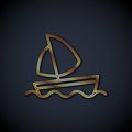 Gold line Yacht sailboat or sailing ship icon isolated on black background. Sail boat marine cruise travel. Vector Royalty Free Stock Photo