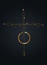 Gold Linear Minimalist Asymmetrical Cross. Sacred Geometry, Mystical Center, abstract esoteric golden religious sign, pagan icon