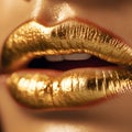 Gold lipstick close-up. Golden lips. Beautiful makeup, close-up. Metallic lipstick close-up