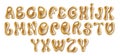 Gold Liquid font in Y2K style. Vector realistic 3d golden inflated alphabet and numbers metal effect