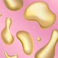 Gold liquid splash abstract shapes and luminous drops, 3d yellow metal fluid drops Royalty Free Stock Photo