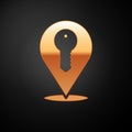 Gold Location key icon isolated on black background. The concept of the house turnkey. Vector