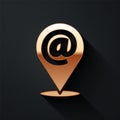 Gold Location and mail and e-mail icon isolated on black background. Envelope symbol e-mail. Email message sign. Long