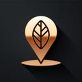 Gold Location pin with leaf inside icon isolated on black background. Long shadow style. Vector.