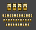 Gold locks combination. Realistic rotating secret unlock code font. Banking security metallic alphabet. Spinning wheels