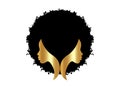 Gold logo round design African american woman face profile with black curly afro hair. Golden Women profile hairstyle silhouette