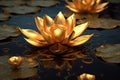 Gold lotus flowers in water. Generative AI