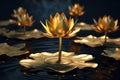 Gold lotus flowers in water. Generative AI