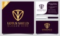 Gold Lotus Shield logo design vector illustration, minimalist elegant, modern company business card template Royalty Free Stock Photo