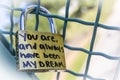 Gold love lock on frence that says Promise and You are and always have been my dream with bokeh background