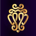 Gold Luckenbooth brooch vector design element. Vintage Scottish two heart shape symbol logo concept. Valentine day or