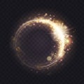 Gold luminous spark ring, light frame effect, glowing swirl lines with sparkling glitter Royalty Free Stock Photo