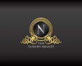 Gold Luxury Brand Letter N Elegant Logo Badge. Golden Letter Initial Crest, Wreath and Crown Monogram Design Vector Royalty Free Stock Photo