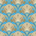 Gold luxury 3d floral seamless pattern. Light blue ornamental ethnic style background. Repeat decorative ornate backdrop. Royalty Free Stock Photo