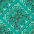 Gold luxury lines seamless pattern. Ornamental turquoise floral background. Repeat arabesque background. Celtic gothic style