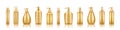 Gold luxury pump bottle mockups: serum, moisturizer, lotion, soap, cream, sanitizer