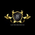 Gold Luxury Shield B Letter Logo. Elegance logo vector template made of wide silver alphabet font on shield frame ornate luxury