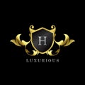 Gold Luxury Shield H Letter Logo. Elegance logo vector template made of wide silver alphabet font on shield frame ornate luxury