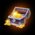Gold magic chest, vector game treasure icon, pirate open full wooden trunk, shiny coin pile, iron lock.