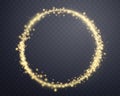 Gold magic glowing ring with glowing particles. Neon realistic energy flare halo ring. Abstract light effect on a dark