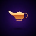 Gold Magic lamp or Aladdin lamp icon isolated on black background. Spiritual lamp for wish. Vector Royalty Free Stock Photo