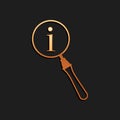 Gold Magnifying glass and information icon isolated on black background. Search with information sign. Long shadow style Royalty Free Stock Photo