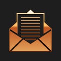 Gold Mail and e-mail icon isolated on black background. Envelope symbol e-mail. Email message sign. Long shadow style Royalty Free Stock Photo