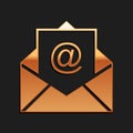 Gold Mail and e-mail icon isolated on black background. Envelope symbol e-mail. Email message sign. Long shadow style Royalty Free Stock Photo