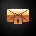 Gold Mail message lock password icon isolated on black background. Envelope with padlock. Private, security, secure Royalty Free Stock Photo