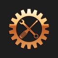 Gold Maintenance symbol - screwdriver, spanner and cogwheel icon isolated on black background. Service tool symbol