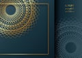 Gold Mandala Vintage decorative elements on blue navy background, golden frame art. Luxury Oriental lace pattern, vector template. Royalty Free Stock Photo