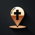 Gold Map pointer with christian cross icon isolated on black background. Long shadow style. Vector. Royalty Free Stock Photo