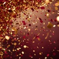 Gold and maroon confetti on a red background. New Year\'s fun and festiv